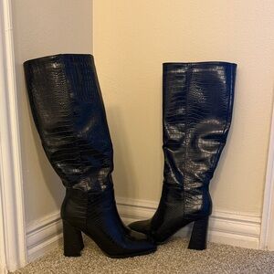 Black Croc-Embossed Knee-High Boots